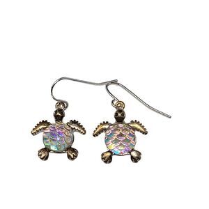 Gold Tone Pink Iridescent Carved Sea Turtle Drop Dangle‎ Earrings Pierced Hook